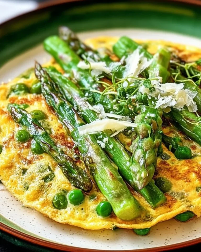 Omelette aux asperges et petits pois, un plat savoureux et coloré.