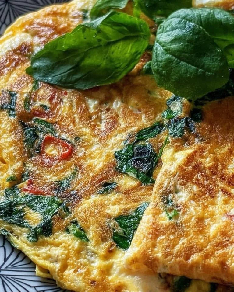 Omelette aux épinards et basilic prête à être servie dans une assiette colorée.