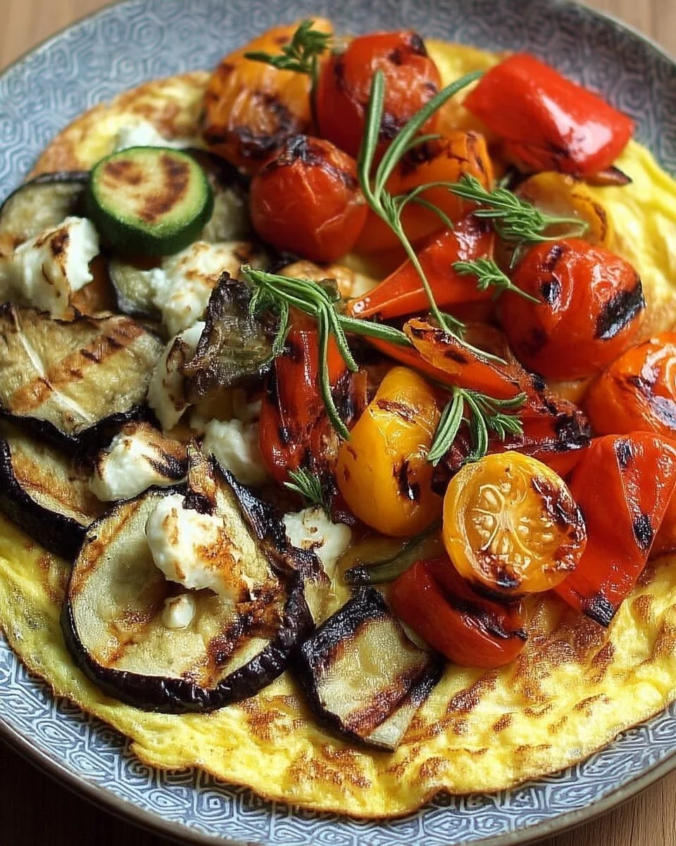 Omelette aux légumes grillés garnie de poivrons et de courgettes