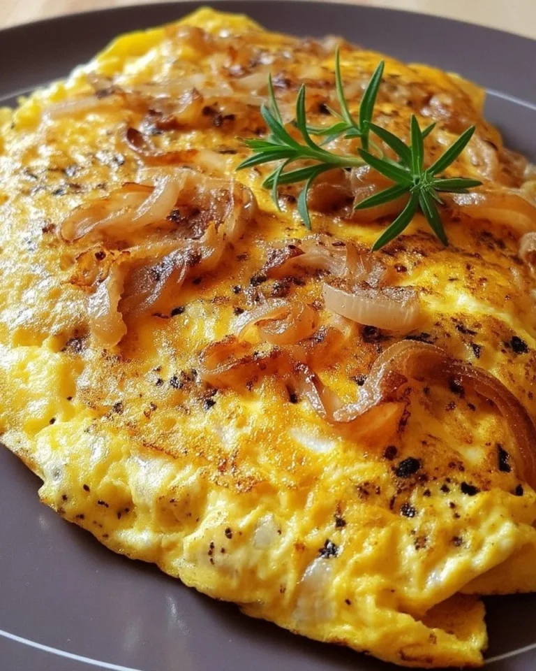 Omelette aux oignons caramélisés servie dans une assiette