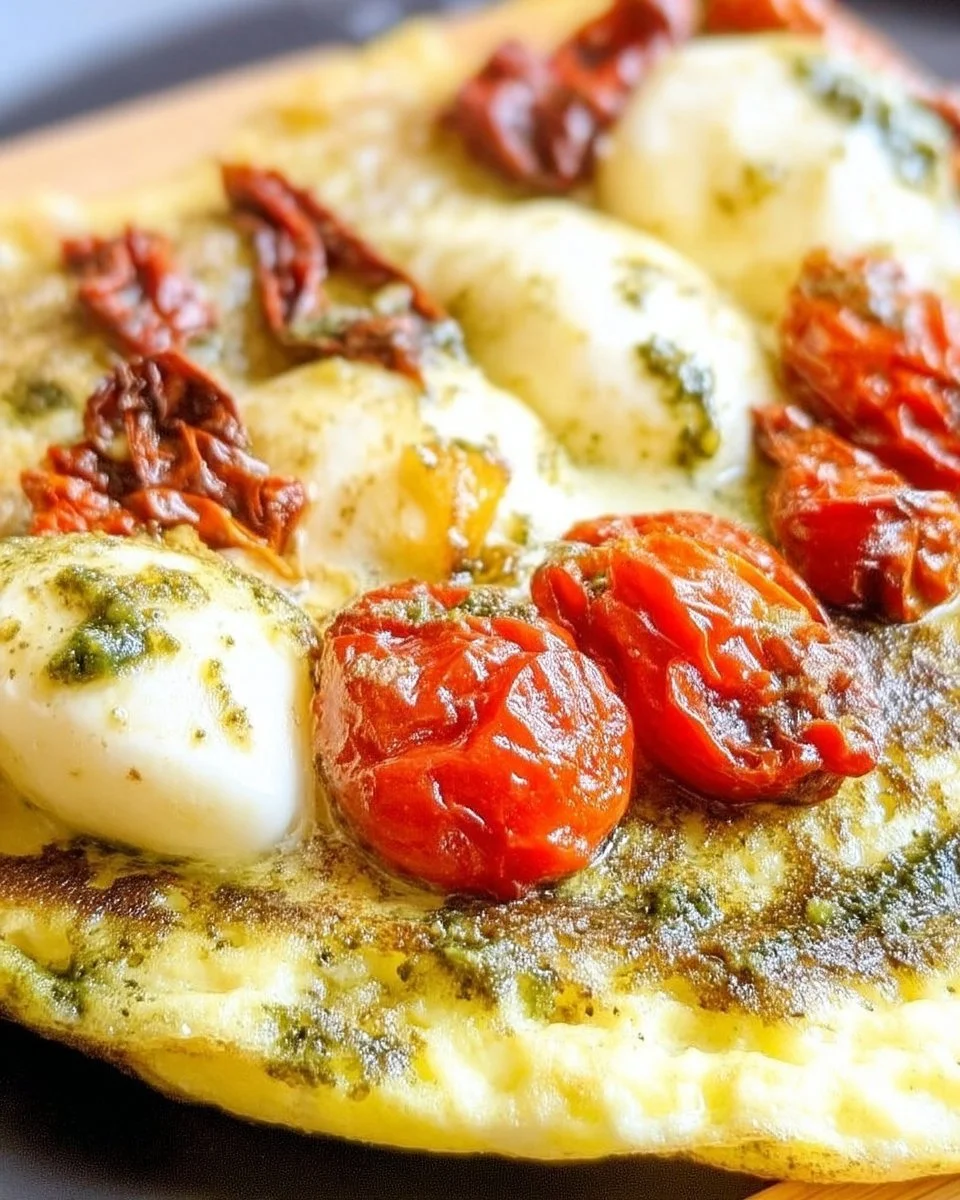 Omelette garnie de pesto, tomates séchées et boules de mozzarella