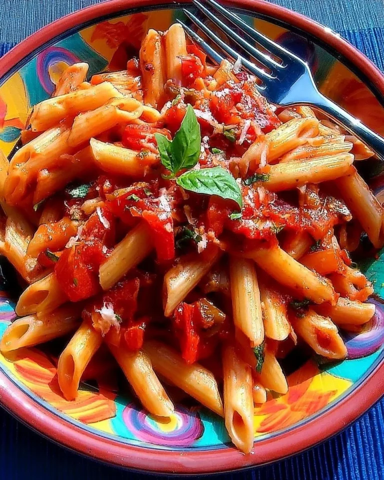 Assiette de penne all'arrabbiata avec sauce tomate épicée et basilic frais.