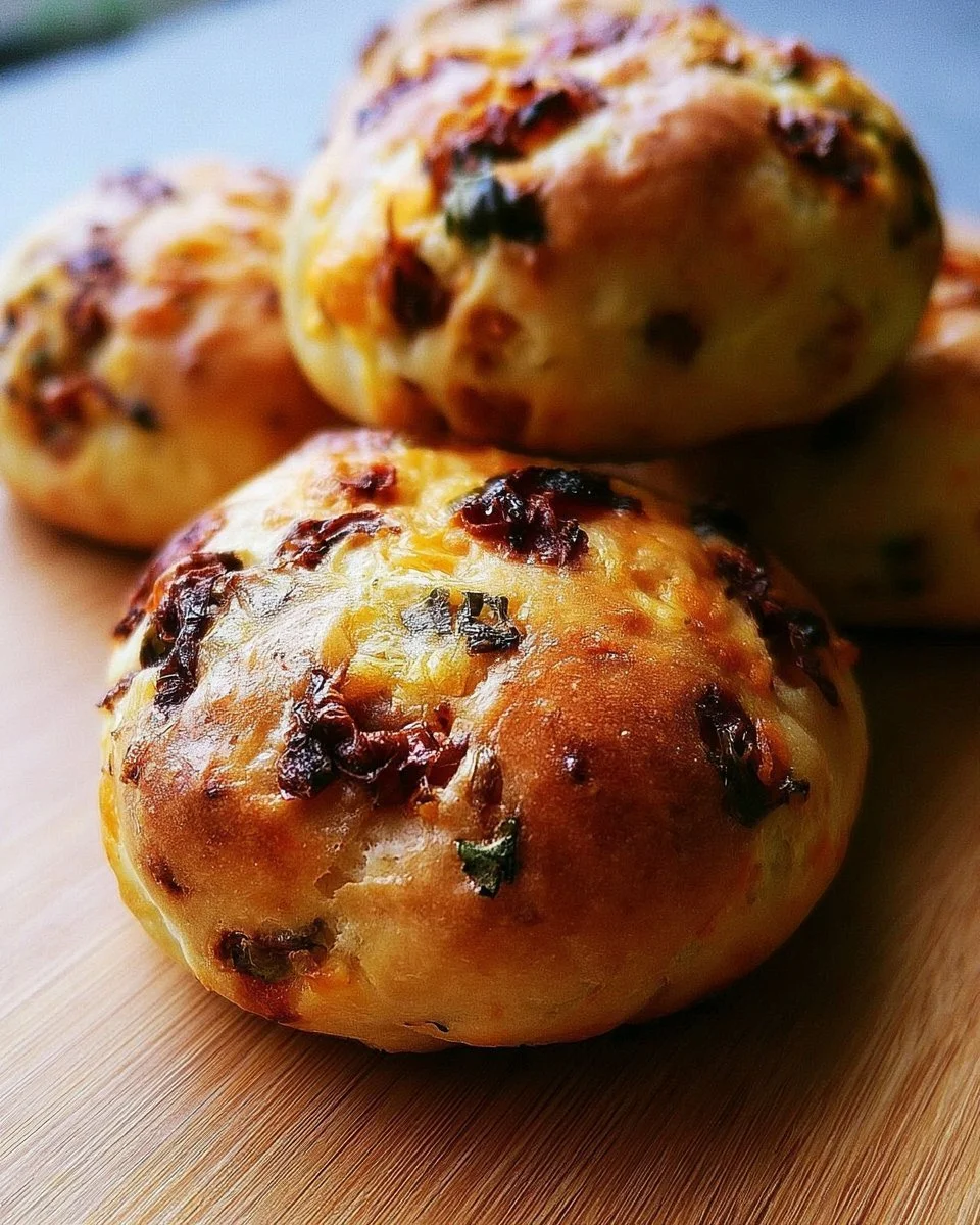 Petits pains aux tomates séchées, basilic et fromage, prêts à être savourés.