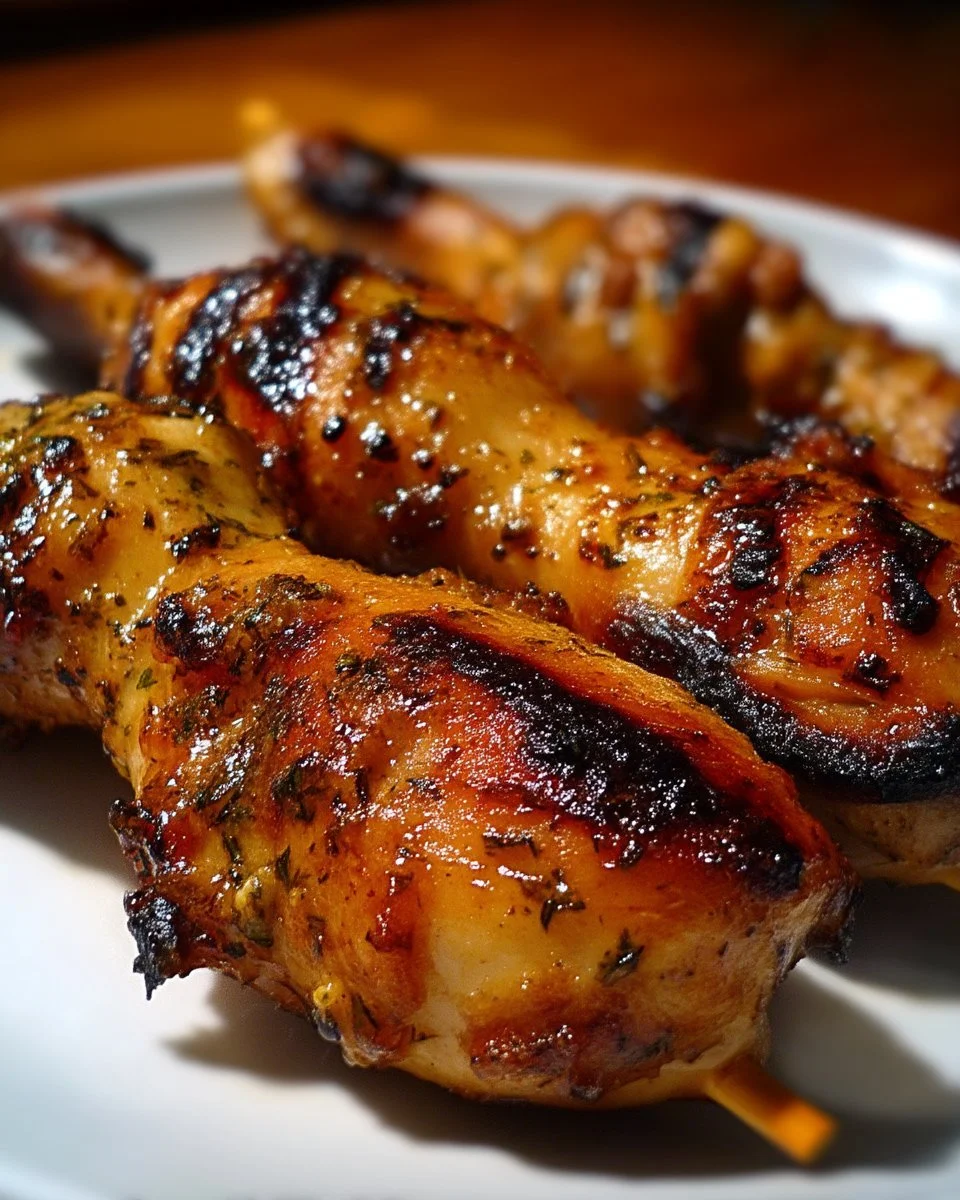 Brochettes de poulet marinées à la limonade prêtes à être grillées.