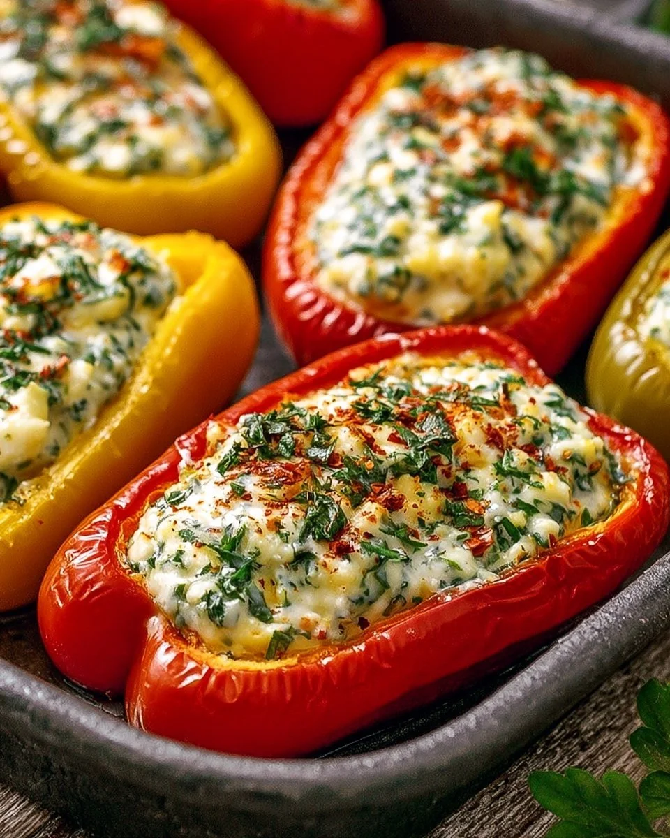 Piments farcis au fromage frais et herbes parfumées, un plat savoureux et coloré.