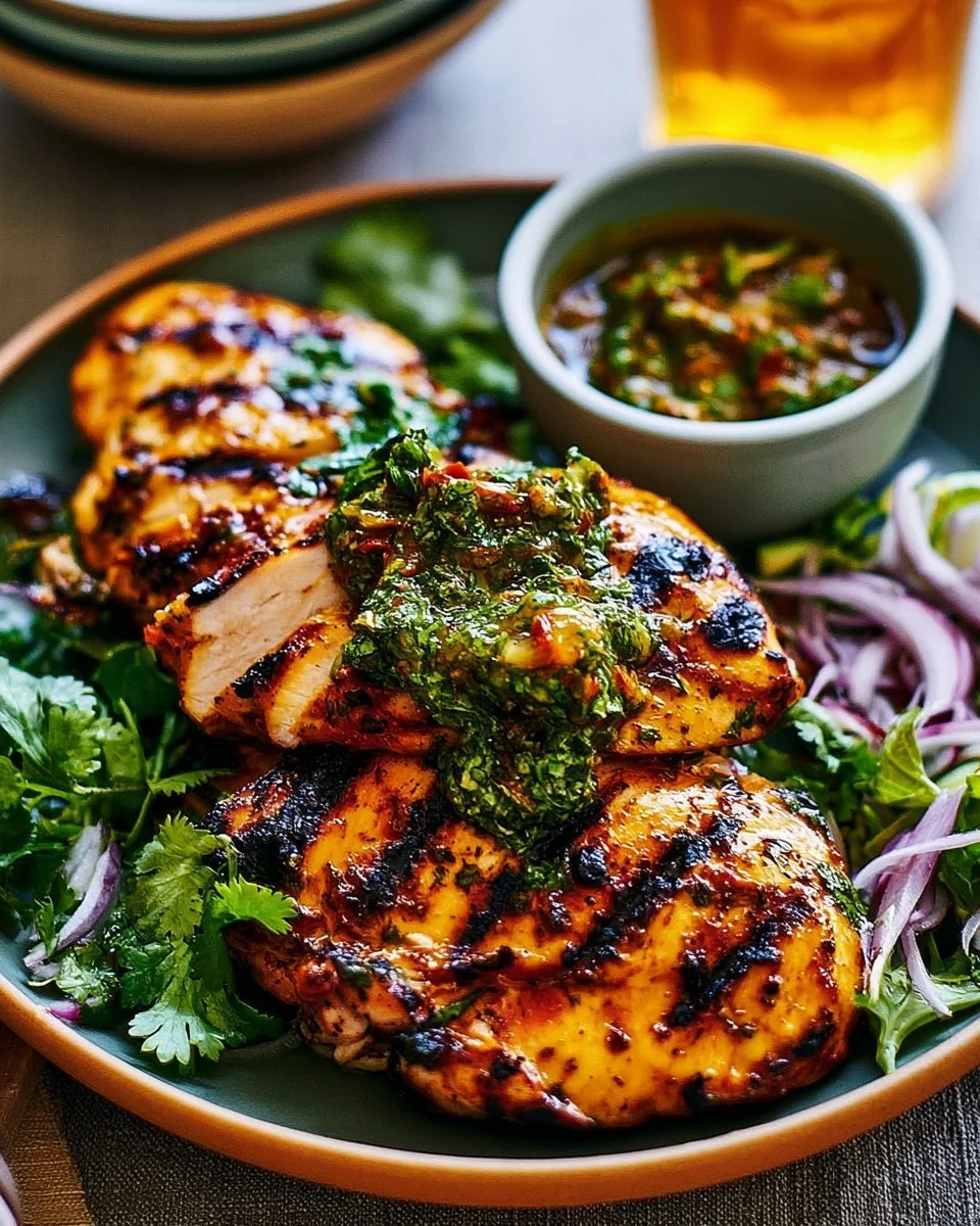 Poitrines de poulet grillées servies avec sauce Tadka