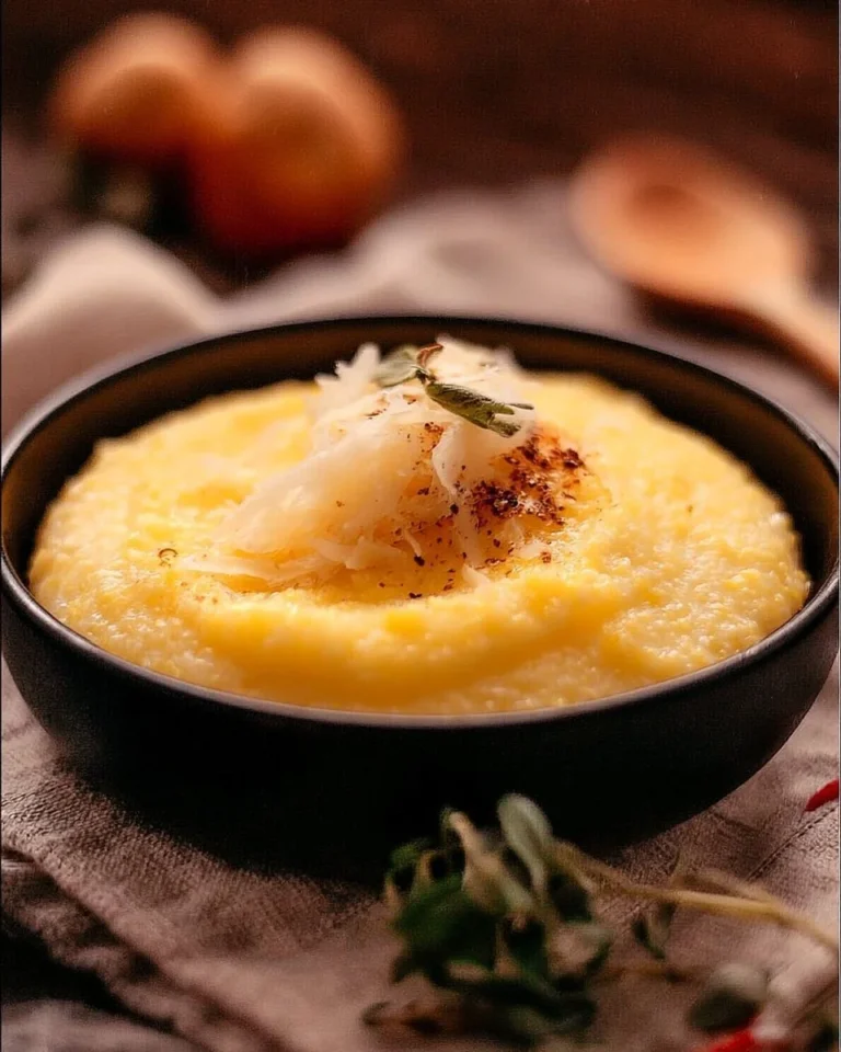 Polenta crémeuse au fromage avec copeaux de parmesan dans un plat élégant.