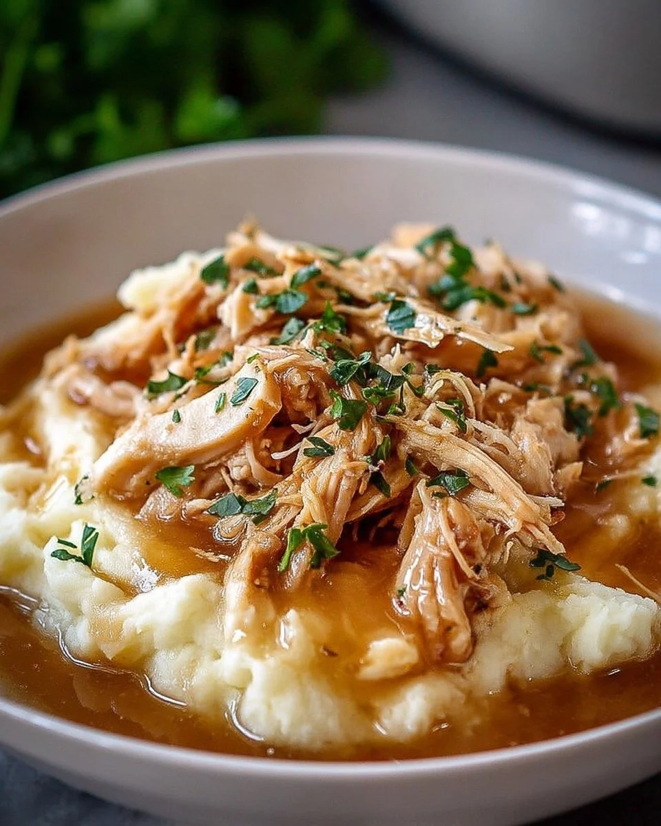 Poulet effiloché servi dans une sauce savoureuse sur purée de pommes de terre.