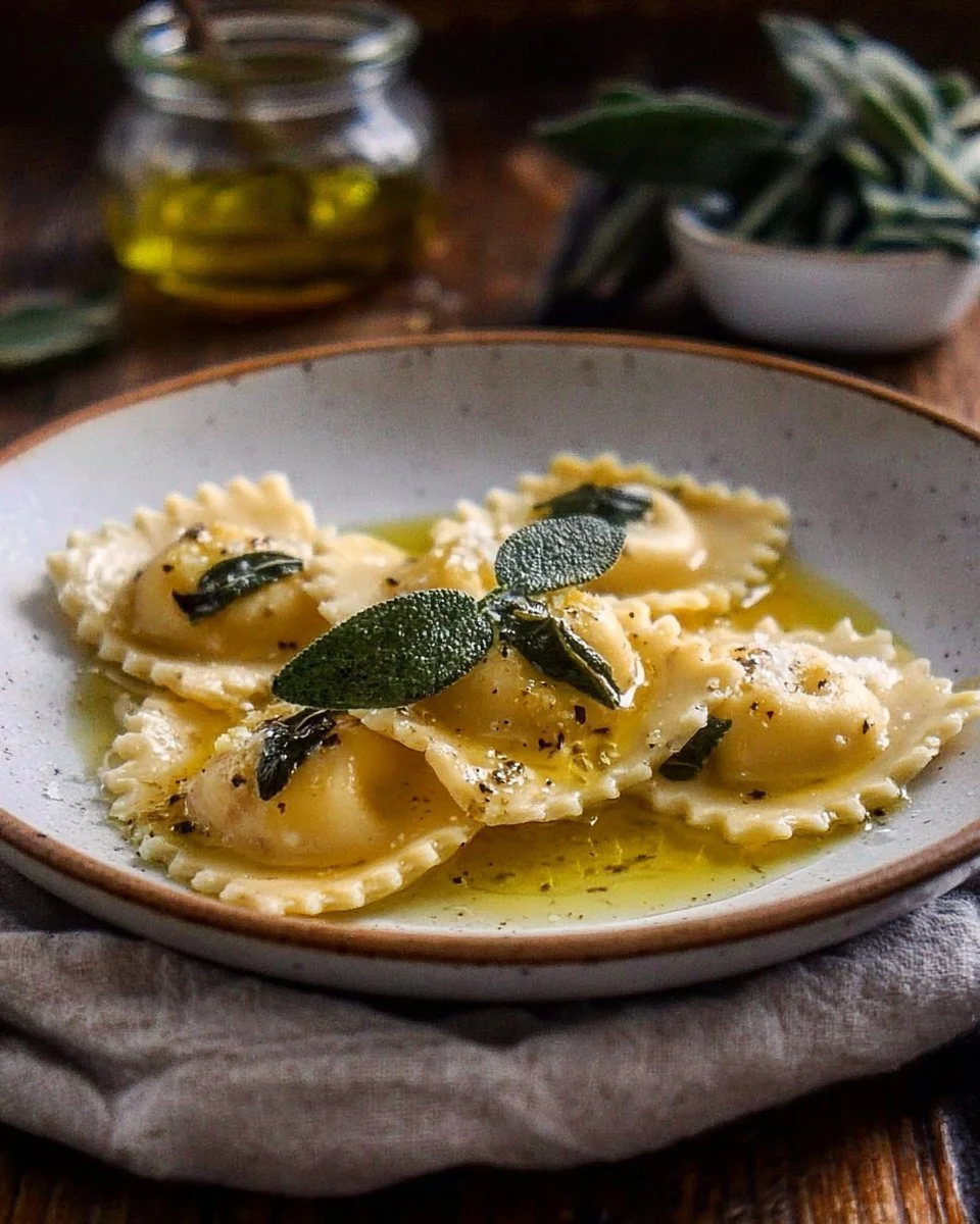 Plat de raviolis au beurre de sauge, garniture savoureuse et appétissante.