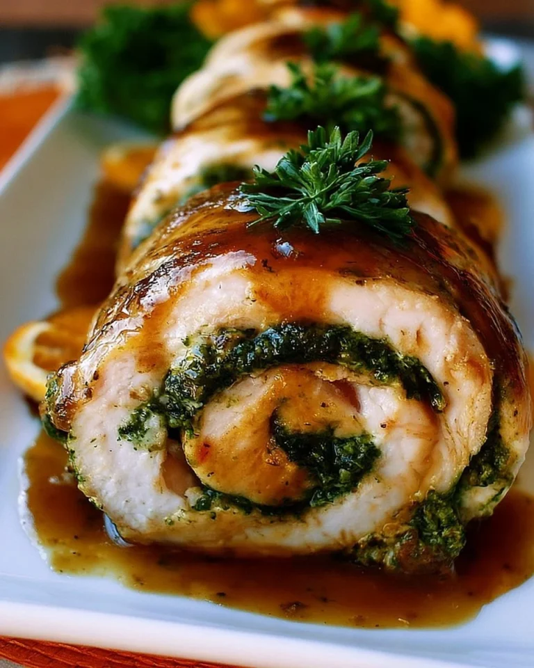 Roulades de poulet au pesto avec sauce à l'orange et au porto sur assiette