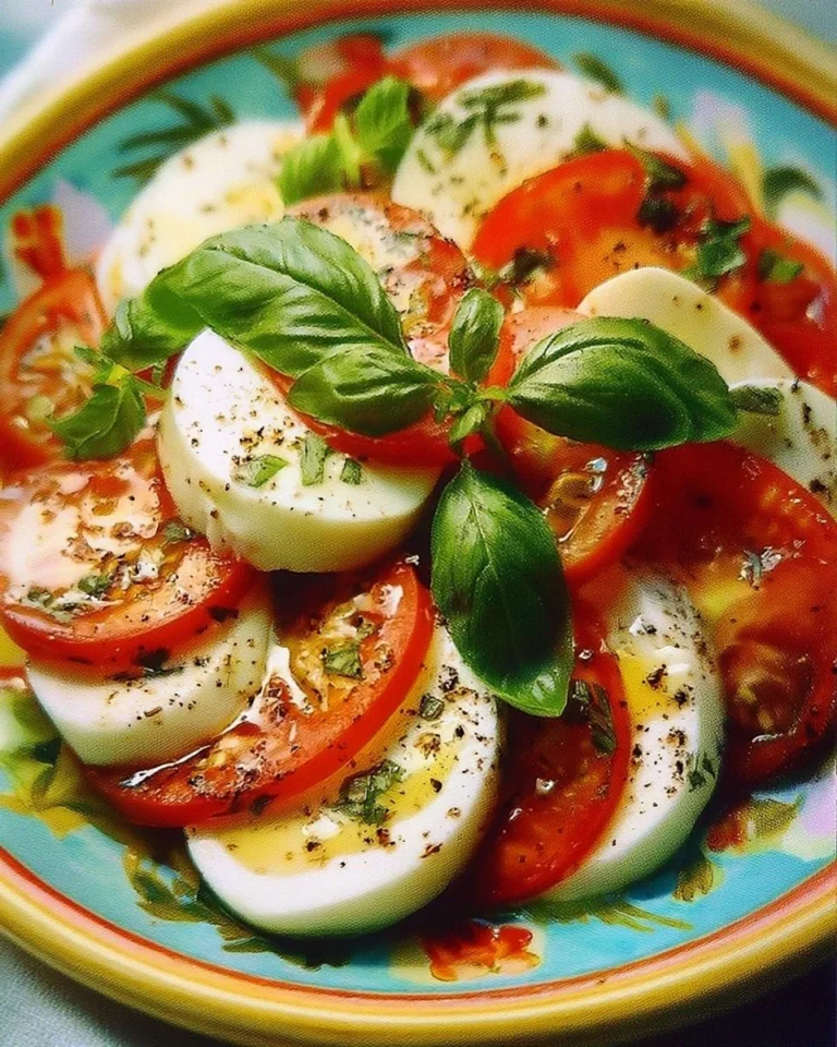 Salade Caprese avec mozzarella, tomate et basilic sur une assiette colorée.