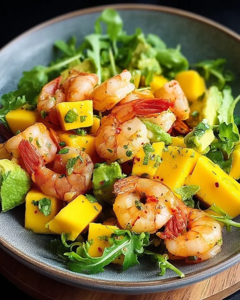 Salade d’avocat avec mangue et crevettes, un plat coloré et rafraîchissant.