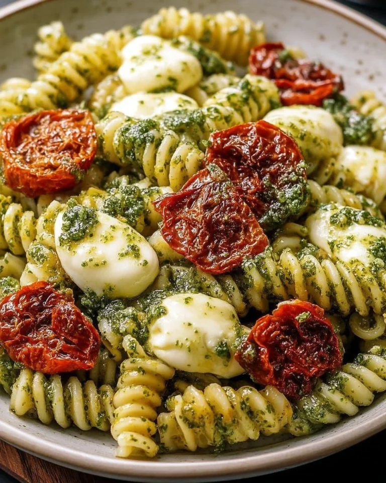 Salade de pâtes froides avec pesto, tomates confites et mozzarella fondante