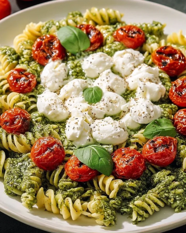 Salade de pâtes froides avec pesto, tomates rôties et burrata