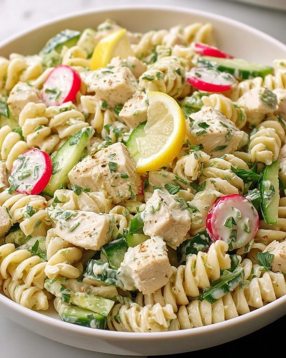 Salade de pâtes froides au poulet citronné avec sauce yaourt aux herbes
