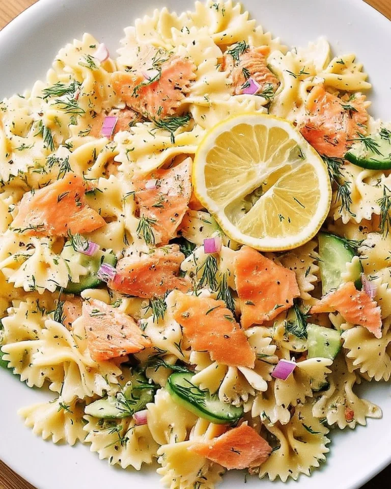Salade de pâtes froides au saumon fumé, aneth et citron dans un bol en verre
