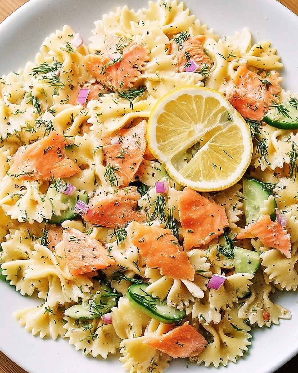 Salade de pâtes froides au saumon fumé, aneth et citron dans un bol en verre