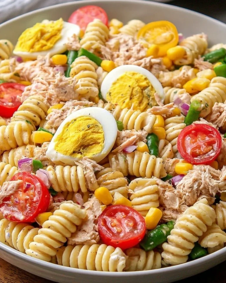 Salade de pâtes froides au thon dans un bol coloré, garnie de légumes frais.