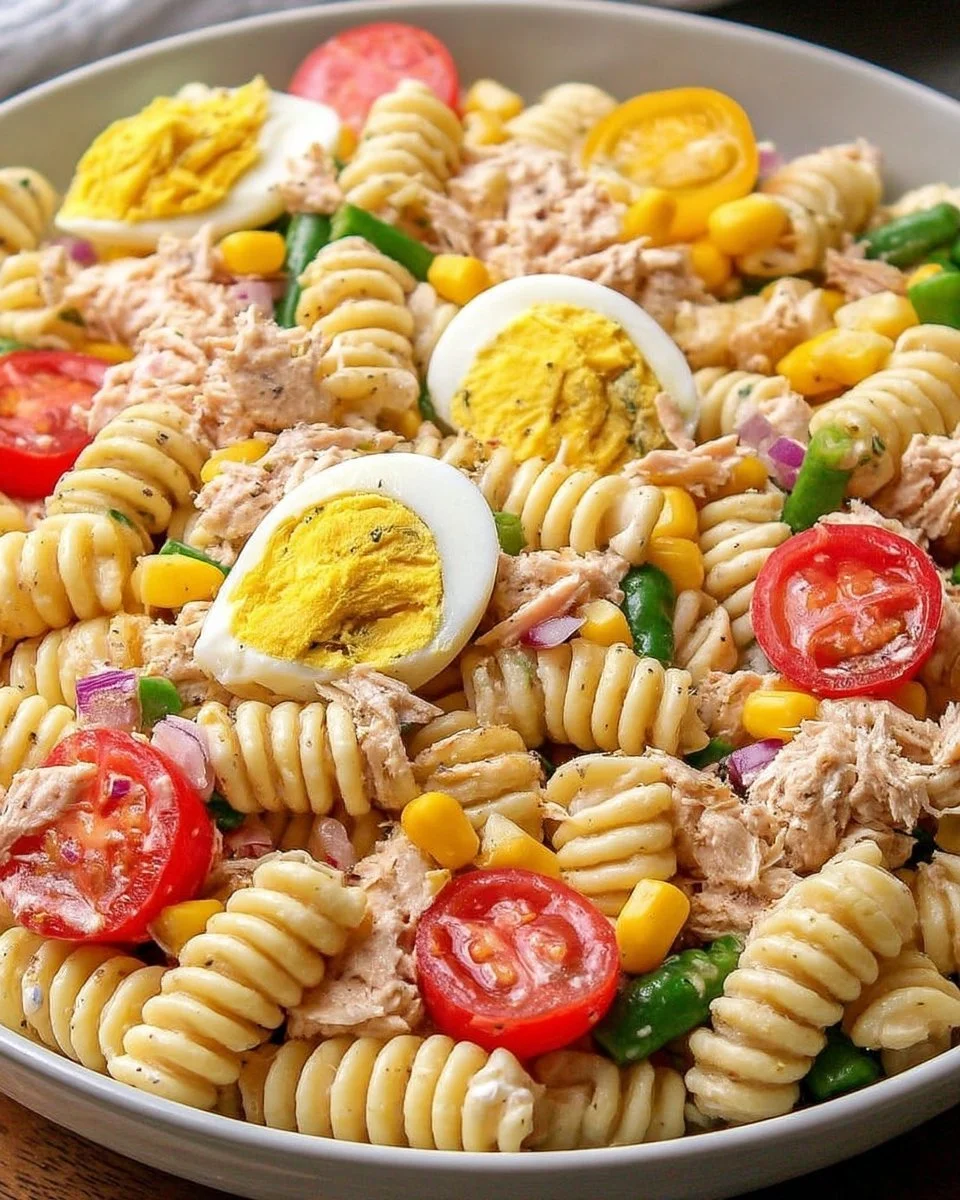 Salade de pâtes froides au thon dans un bol coloré, garnie de légumes frais.