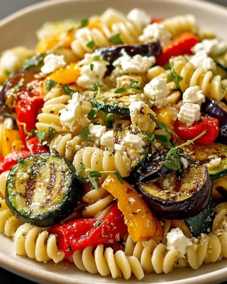 Salade de pâtes froides aux légumes grillés et feta acidulée dans un bol