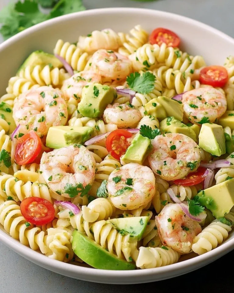 Salade de pâtes froides avec avocat, crevettes et coriandre fraîche