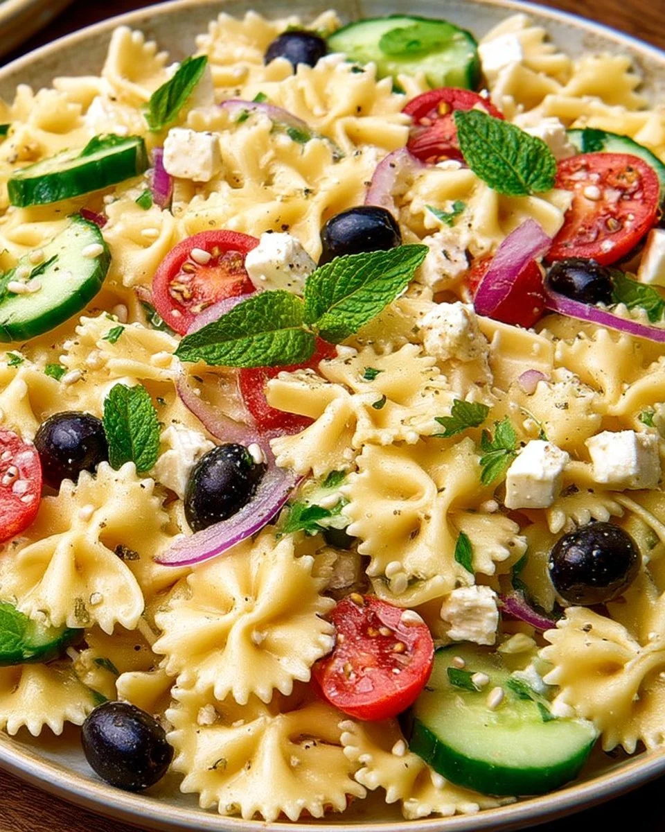 Salade de pâtes froides avec olives, feta et concombre méditerranéenne