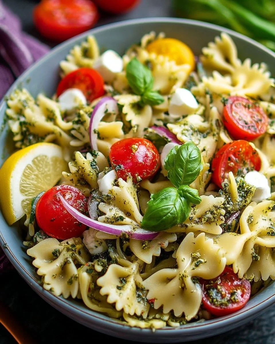 Salade de pâtes papillon aux saveurs acidulées, un plat frais et coloré.