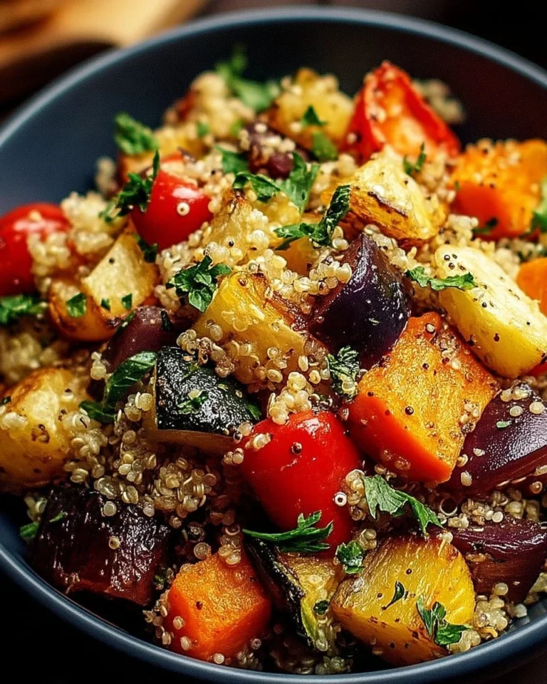 Salade de quinoa aux légumes rôtis avec vinaigrette citronnée aux herbes
