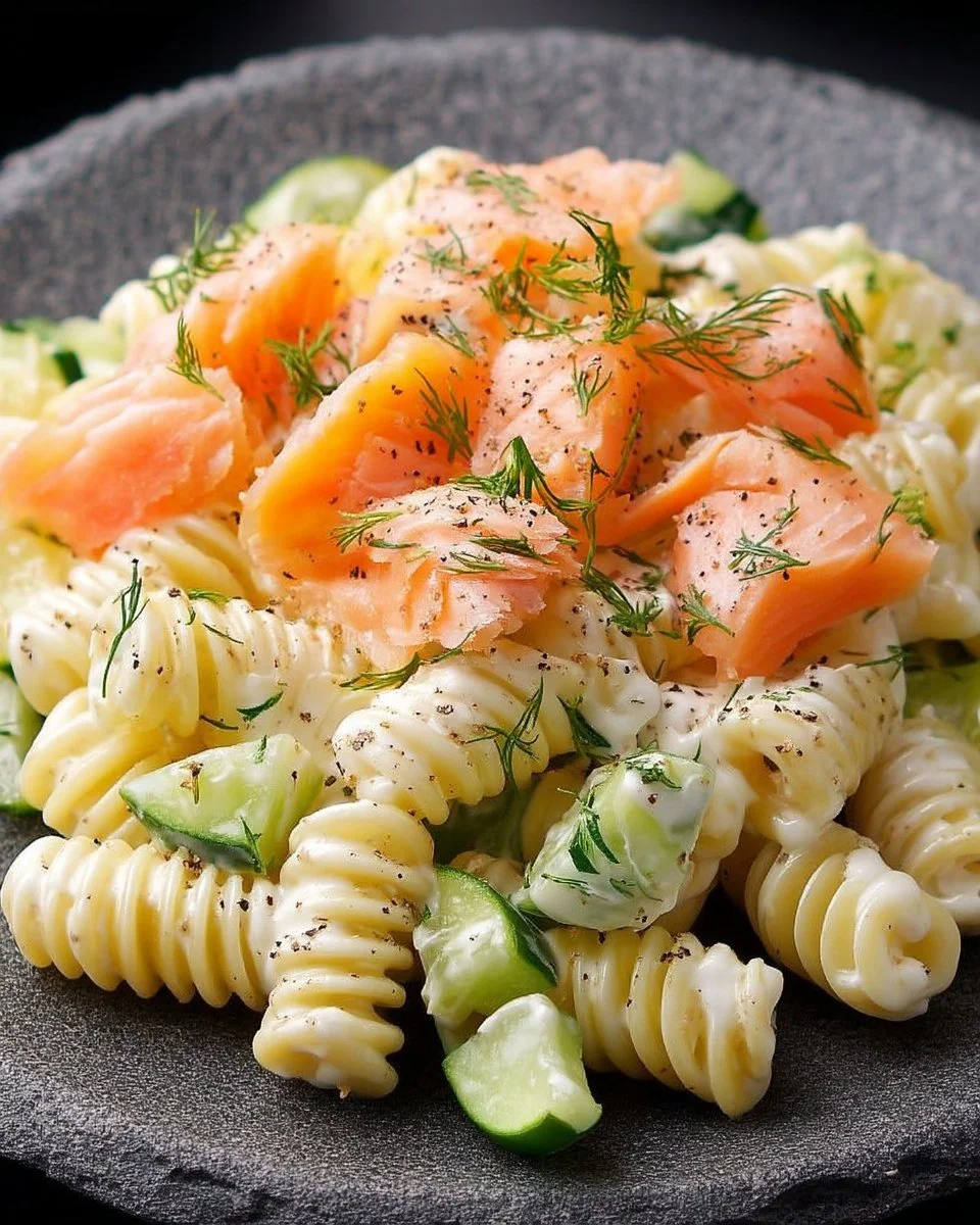 Salade froide de pâtes avec saumon fumé, aneth et citron vert dans un bol.
