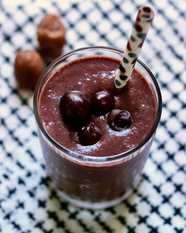 Smoothie crémeux aux cerises noires, banane et dattes dans un verre