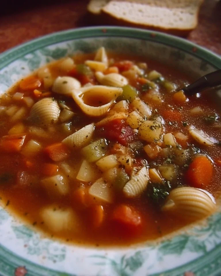 Recette de soupe aux légumes et coquilles servie dans un bol