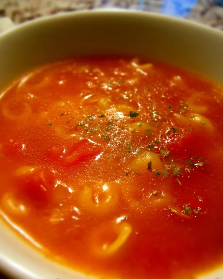 Soupe aux tomates et aux coquilles servie dans un bol garni de basilic frais