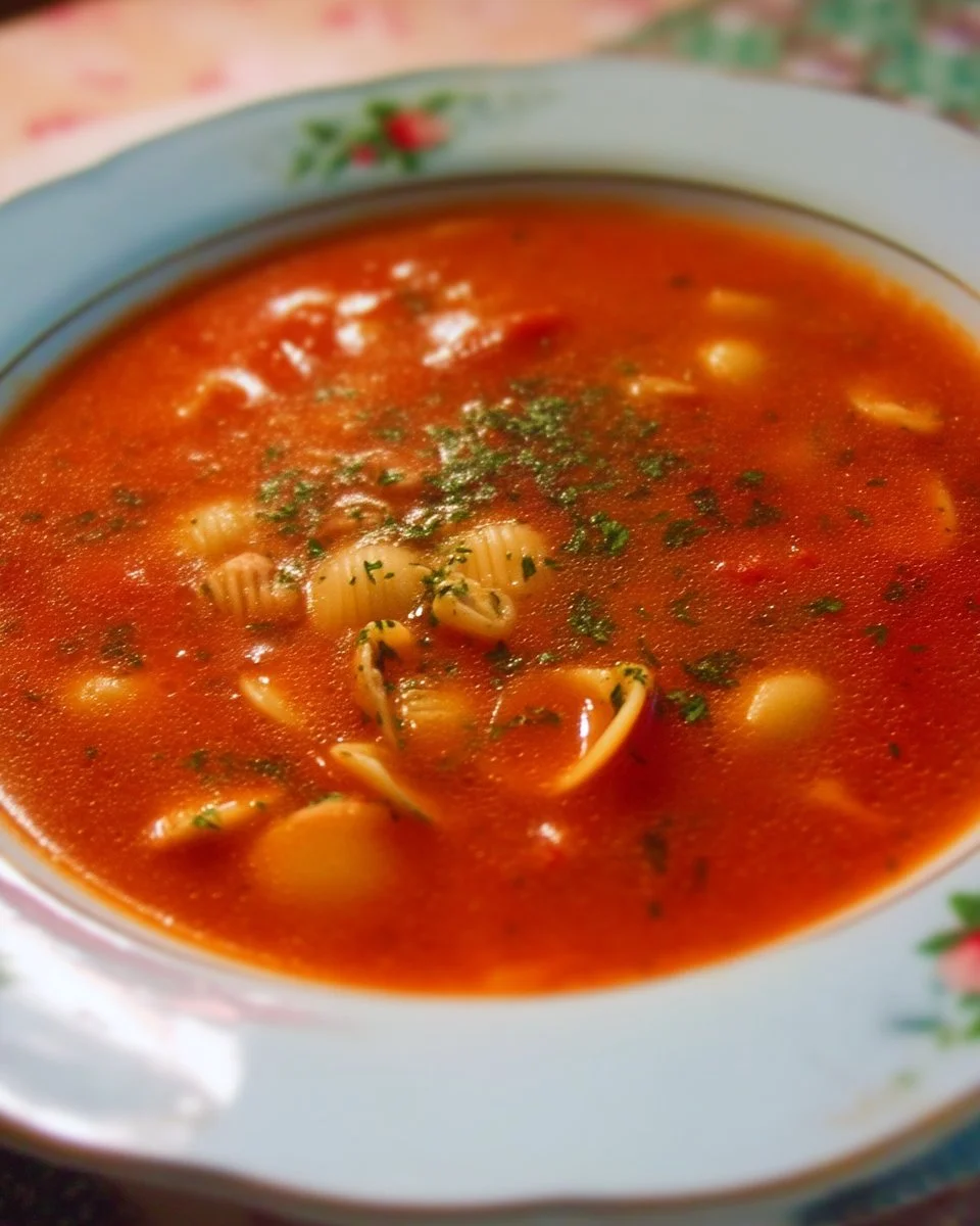 Soupe aux tomates et coquilles de Julie dans un bol avec garnitures