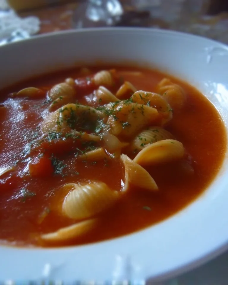 Soupe aux tomates et coquilles de Julie, un plat savoureux et réconfortant.