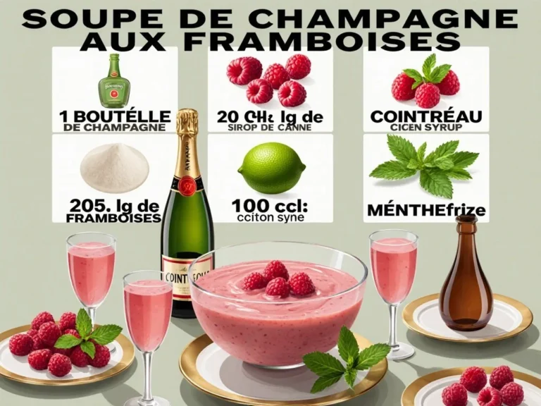 Soupe de champagne aux framboises servie dans des coupes élégantes.