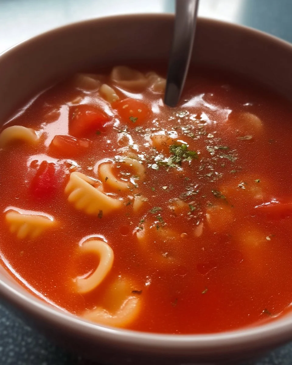 Soupe de coquilles aux tomates à l'italienne, un plat savoureux et coloré.