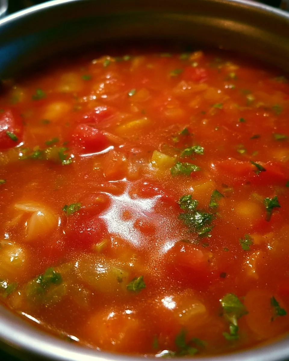 Soupe de coquilles aux tomates et légumes servie dans un bol.