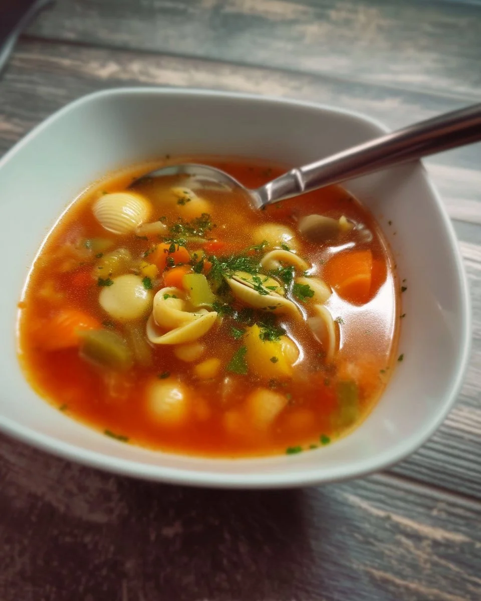 Soupe de légumes et coquilles servie dans un bol, garnie de persil frais.
