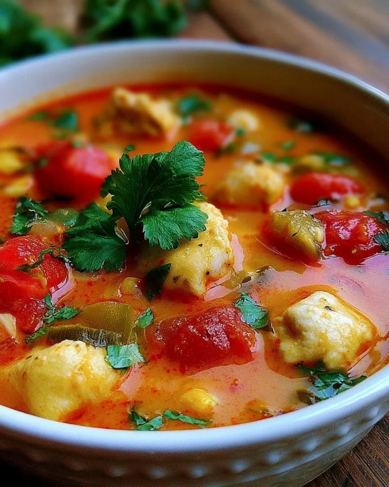 Soupe de poisson aux tomates et lait de coco servie dans un bol