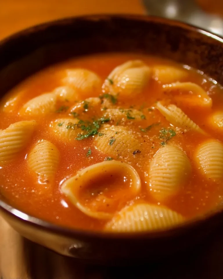 Soupe de Tomates aux Coquilles servie dans un bol, garnie de basilic frais