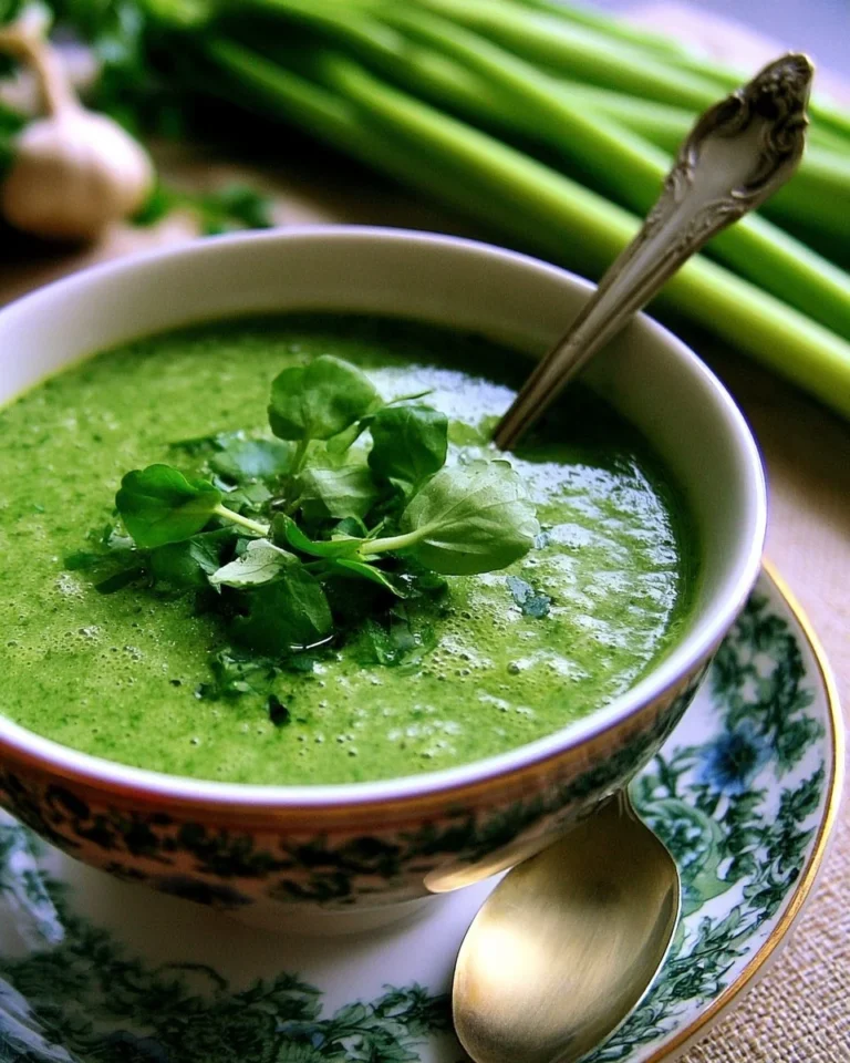 Soupe d'épinards et de céleri dans un bol, garnie de pain croustillant.