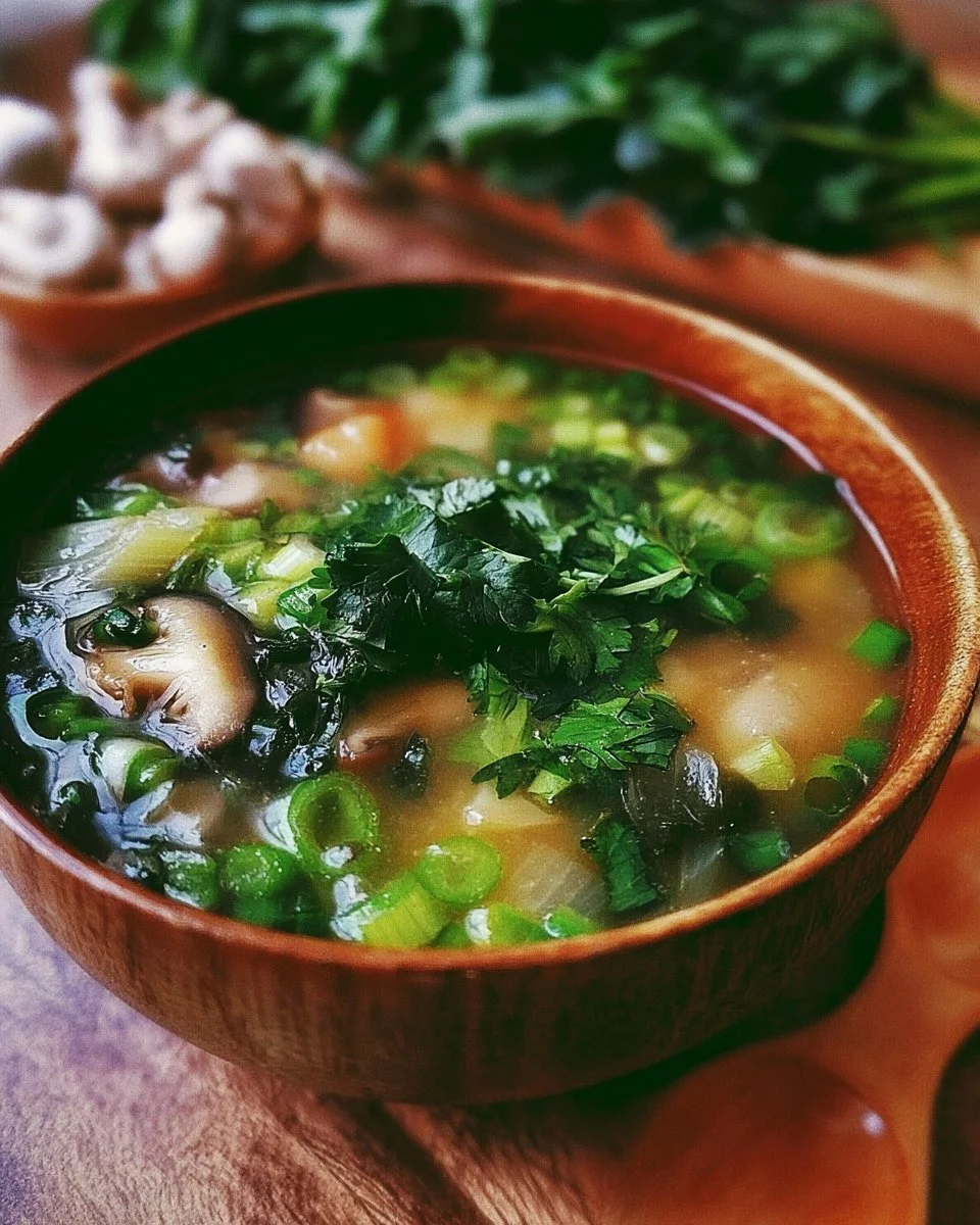 Bol de Soupe Miso au Poulet garnie de légumes frais et de tofu.