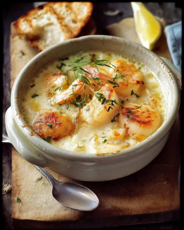 Soupe style coquilles Saint-Jacques, un plat réconfortant et gourmand.