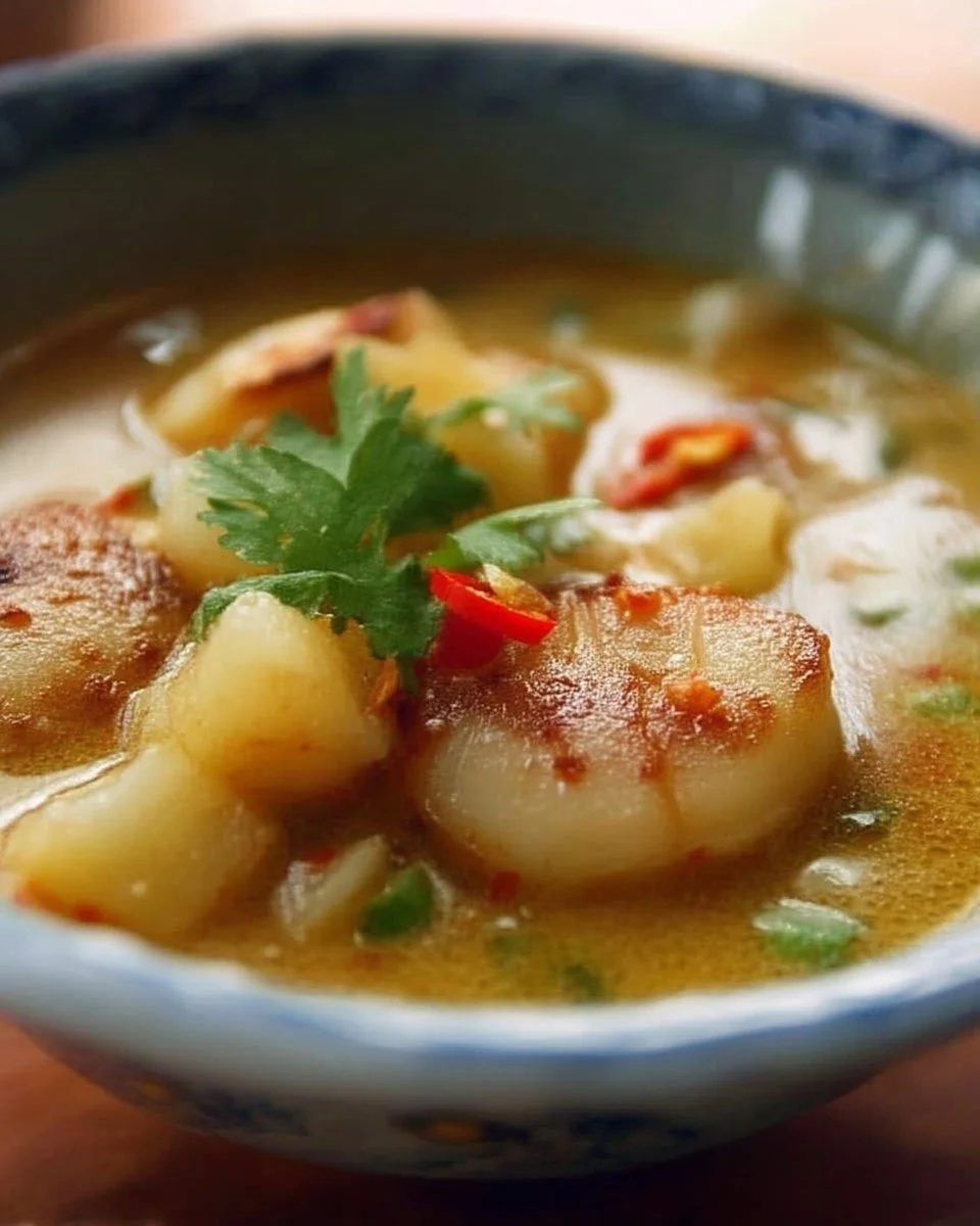 Soupe épicée avec pétoncles et pommes de terre dans un bol.