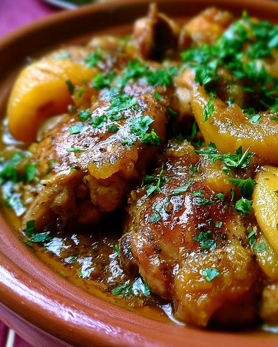 Tajine de Poulet aux Coings, un plat traditionnel marocain riche en saveurs.