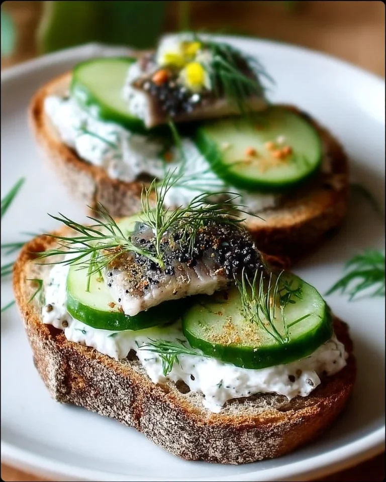 Tartines de pain nordique garnies de hareng mariné et d'herbes fraîches