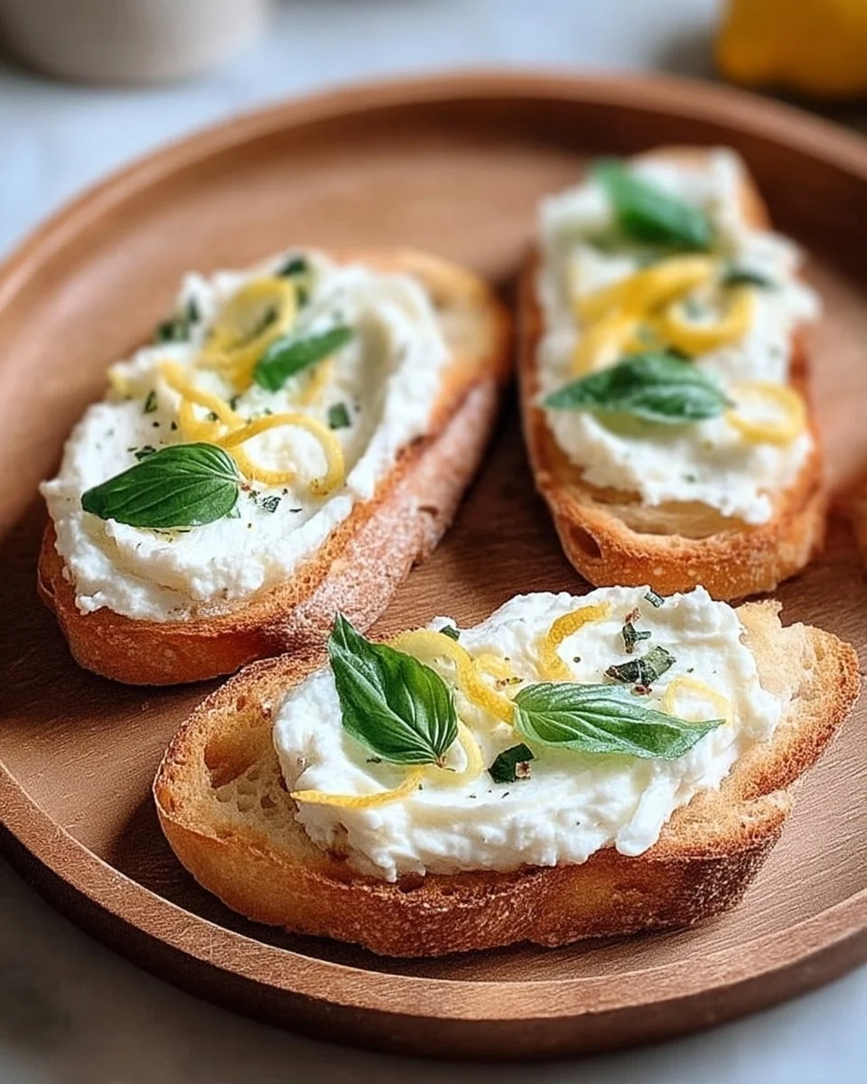 Tartines de ricotta au basilic et citron servies sur une assiette