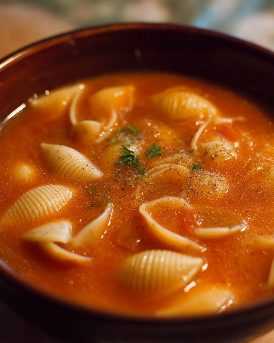 Bol de soupe de coquilles de tomates avec garniture fraîche