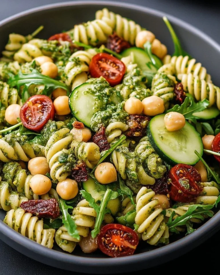 Salade de pâtes vegan froide avec pois chiches et pesto de roquette