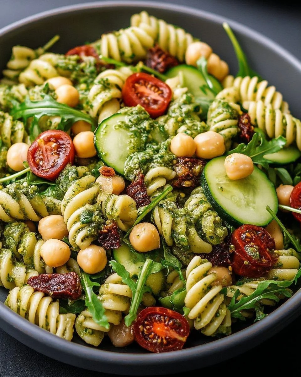 Salade de pâtes vegan froide avec pois chiches et pesto de roquette